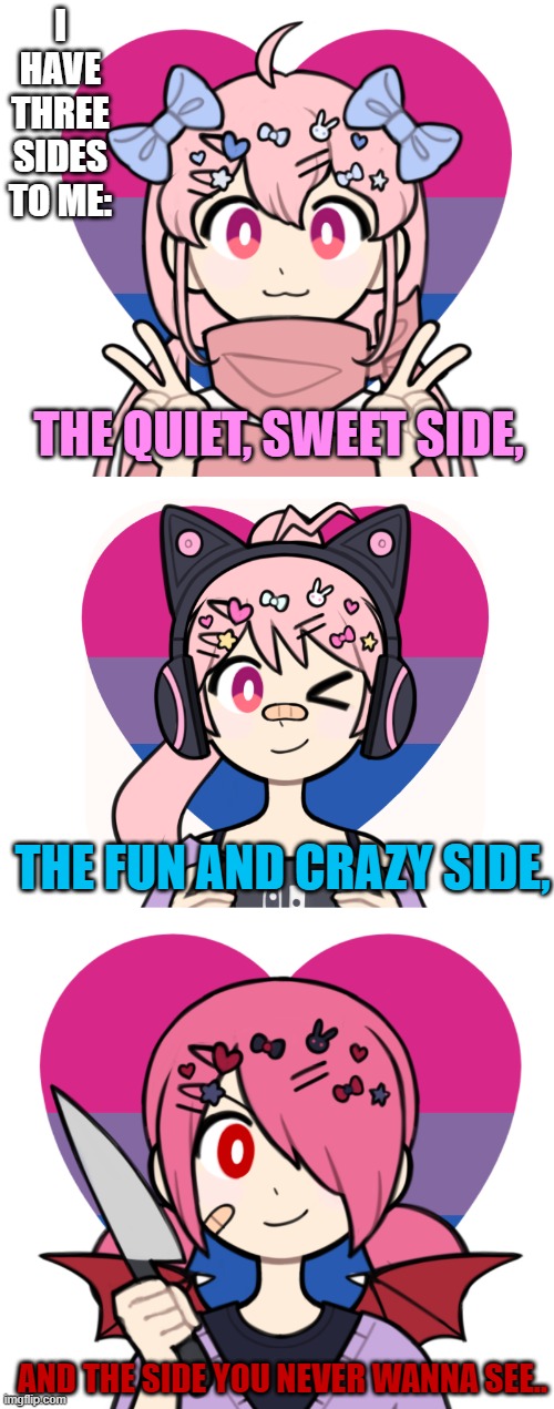 Remake of an image I posted a while ago (can't remember which, though ;-;) | I HAVE THREE SIDES TO ME:; THE QUIET, SWEET SIDE, THE FUN AND CRAZY SIDE, AND THE SIDE YOU NEVER WANNA SEE.. | made w/ Imgflip meme maker