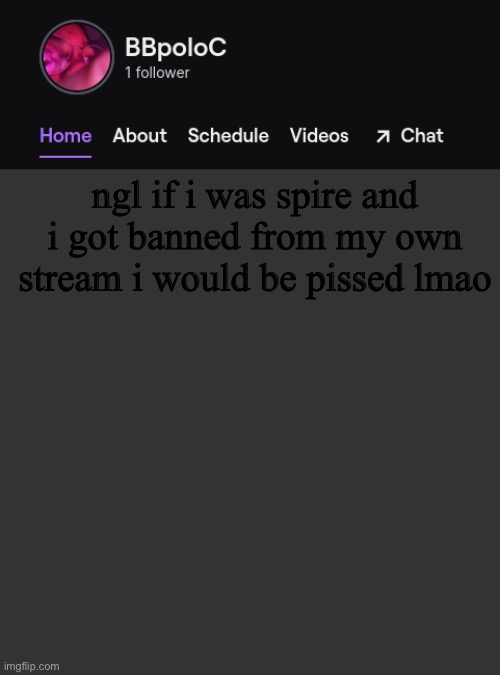 Twitch template | ngl if i was spire and i got banned from my own stream i would be pissed lmao | image tagged in twitch template | made w/ Imgflip meme maker