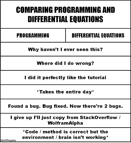 programming vs differential equations | image tagged in calculus,school,programming,meme,memes,differential equations | made w/ Imgflip meme maker