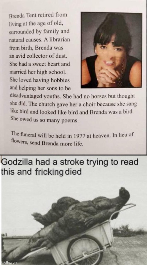 AI Generated Obituary | image tagged in godzilla had a stroke trying to read this and fricking died,ai generated,ai meme,stroke | made w/ Imgflip meme maker