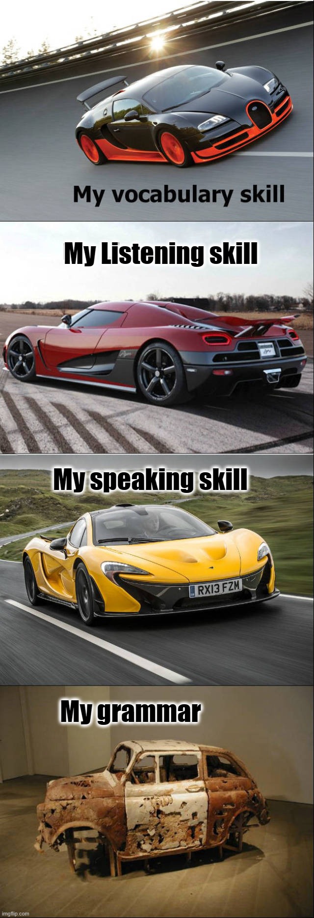  My Listening skill; My speaking skill; My grammar | image tagged in skills | made w/ Imgflip meme maker