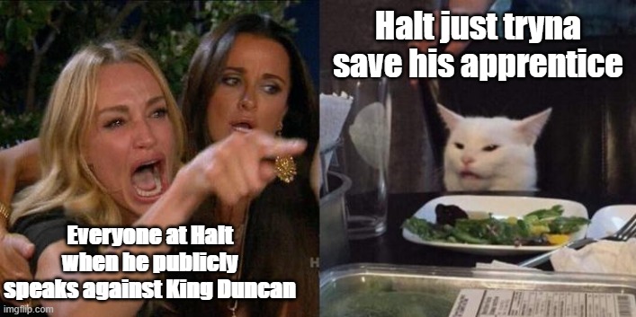 Woman Screaming at Cat | Halt just tryna save his apprentice; Everyone at Halt when he publicly speaks against King Duncan | image tagged in woman screaming at cat | made w/ Imgflip meme maker