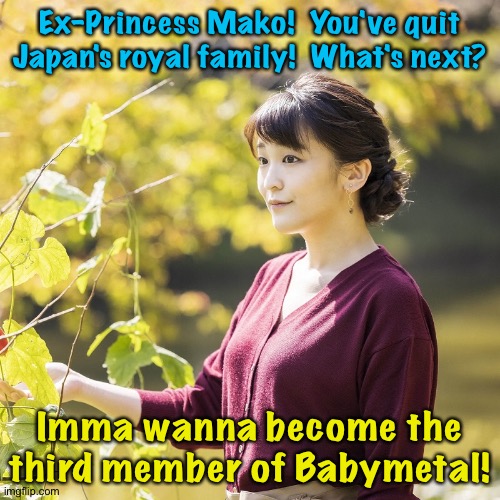What the heck, gotta do something | Ex-Princess Mako!  You've quit Japan's royal family!  What's next? Imma wanna become the third member of Babymetal! | image tagged in princess mako | made w/ Imgflip meme maker