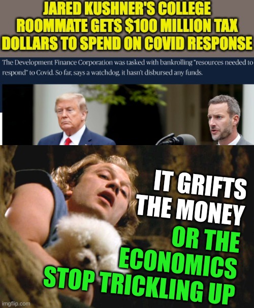 grifters | IT GRIFTS THE MONEY; OR THE
ECONOMICS
STOP TRICKLING UP | image tagged in it rubs,jared kushner,donald trump,grifting,corruption,conservative hypocrisy | made w/ Imgflip meme maker