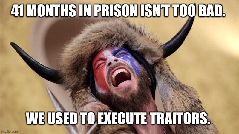 qanon shaman | 41 MONTHS IN PRISON ISN’T TOO BAD. WE USED TO EXECUTE TRAITORS. | image tagged in qanon shaman | made w/ Imgflip meme maker