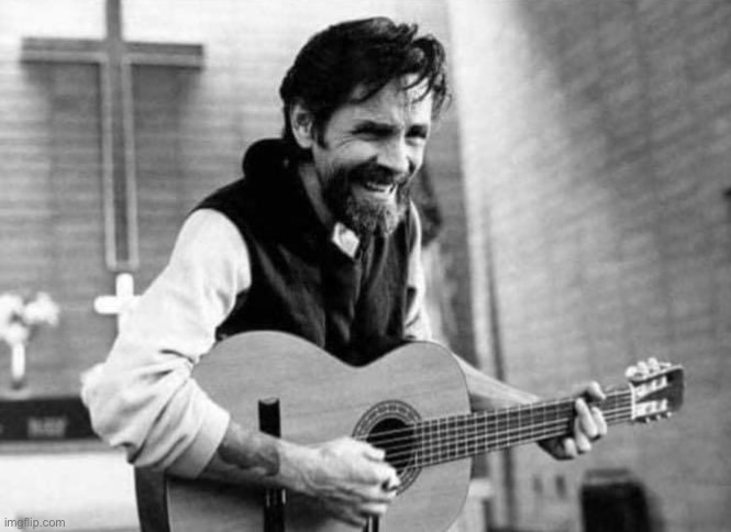 Charles Manson playing guitar in a church. | image tagged in charles manson guitar | made w/ Imgflip meme maker