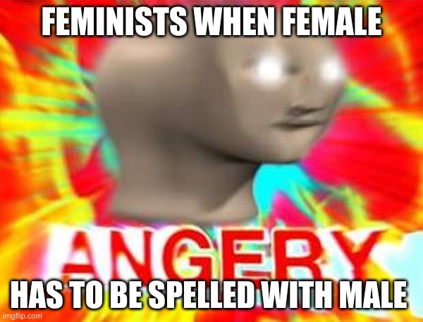 eeeeeeee |  FEMINISTS WHEN FEMALE; HAS TO BE SPELLED WITH MALE | image tagged in surreal angery,angry feminist | made w/ Imgflip meme maker