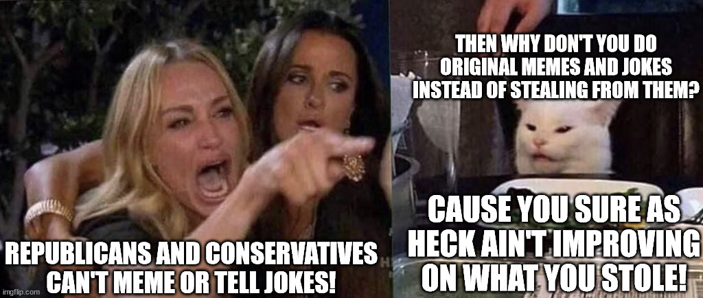 Yeah. . . | THEN WHY DON'T YOU DO ORIGINAL MEMES AND JOKES INSTEAD OF STEALING FROM THEM? REPUBLICANS AND CONSERVATIVES CAN'T MEME OR TELL JOKES! CAUSE YOU SURE AS HECK AIN'T IMPROVING ON WHAT YOU STOLE! | image tagged in woman yelling at cat,stupid people,liberal vs conservative,humor,memes | made w/ Imgflip meme maker