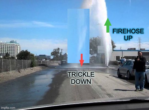 Broken Fire Hydrint | FIREHOSE UP TRICKLE DOWN | image tagged in broken fire hydrint | made w/ Imgflip meme maker