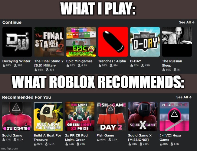 Like fire and water | WHAT I PLAY:; WHAT ROBLOX RECOMMENDS: | made w/ Imgflip meme maker