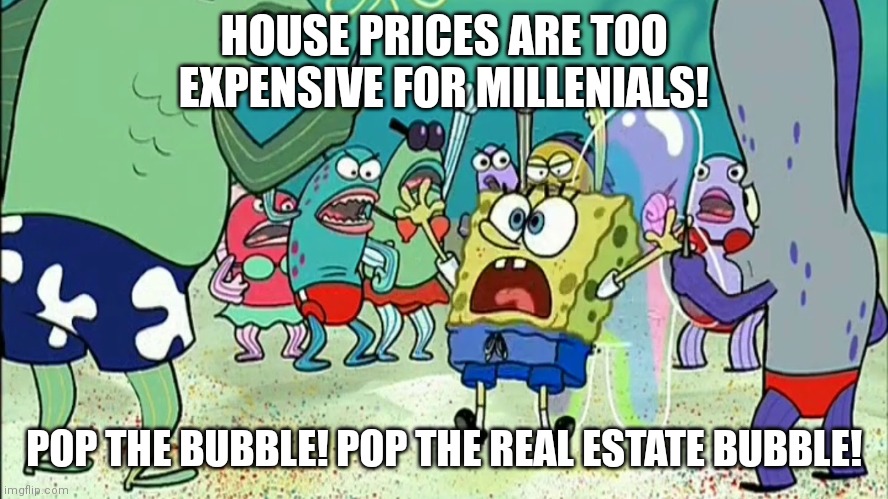 Bowler377, initials JFG | HOUSE PRICES ARE TOO EXPENSIVE FOR MILLENIALS! POP THE BUBBLE! POP THE REAL ESTATE BUBBLE! | image tagged in bowler377 initials jfg | made w/ Imgflip meme maker