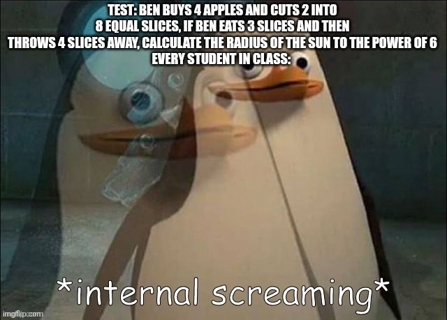Sometimes it is like that | TEST: BEN BUYS 4 APPLES AND CUTS 2 INTO 8 EQUAL SLICES, IF BEN EATS 3 SLICES AND THEN THROWS 4 SLICES AWAY, CALCULATE THE RADIUS OF THE SUN TO THE POWER OF 6
EVERY STUDENT IN CLASS: | image tagged in rico internal screaming | made w/ Imgflip meme maker