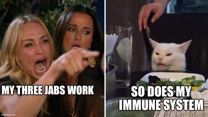 Woman yelling at white cat |  SO DOES MY IMMUNE SYSTEM; MY THREE JABS WORK | image tagged in woman yelling at white cat | made w/ Imgflip meme maker