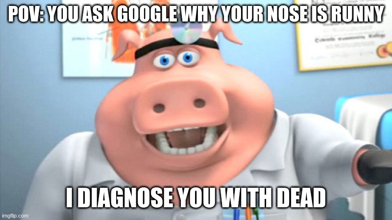 I diagnose you with BREAD | POV: YOU ASK GOOGLE WHY YOUR NOSE IS RUNNY; I DIAGNOSE YOU WITH DEAD | image tagged in i diagnose you with dead | made w/ Imgflip meme maker
