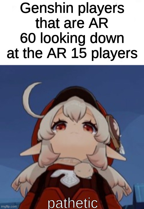 BTW, "AR" stands for "Adventure Rank", so basically like ur level. (the highest u can get is rank 60) | Genshin players that are AR 60 looking down at the AR 15 players; pathetic | image tagged in genshin impact,kleenex,pathetic | made w/ Imgflip meme maker