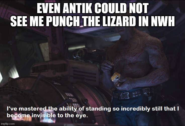 Invisible Drax | EVEN ANTIK COULD NOT SEE ME PUNCH THE LIZARD IN NWH | image tagged in invisible drax | made w/ Imgflip meme maker