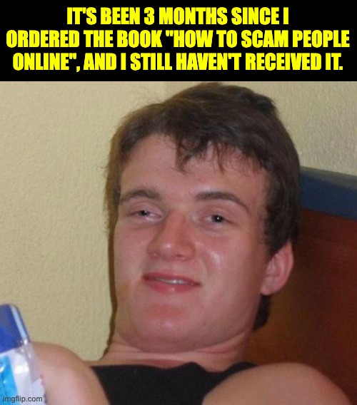 Online scam | IT'S BEEN 3 MONTHS SINCE I ORDERED THE BOOK "HOW TO SCAM PEOPLE ONLINE", AND I STILL HAVEN'T RECEIVED IT. | image tagged in memes,10 guy | made w/ Imgflip meme maker
