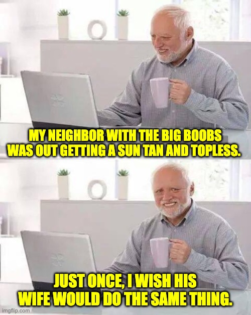 Neighbor | MY NEIGHBOR WITH THE BIG BOOBS WAS OUT GETTING A SUN TAN AND TOPLESS. JUST ONCE, I WISH HIS WIFE WOULD DO THE SAME THING. | image tagged in memes,hide the pain harold | made w/ Imgflip meme maker