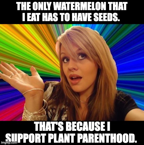 Watermelon | THE ONLY WATERMELON THAT I EAT HAS TO HAVE SEEDS. THAT'S BECAUSE I SUPPORT PLANT PARENTHOOD. | image tagged in memes,dumb blonde | made w/ Imgflip meme maker