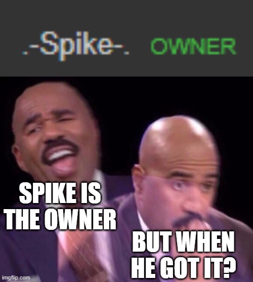 https://imgflip.com/m/MMMMMEEEEMMMEEESS | SPIKE IS THE OWNER; BUT WHEN HE GOT IT? | image tagged in steve harvey laughing serious | made w/ Imgflip meme maker