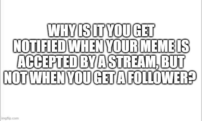 Why Imgflip, Why? | WHY IS IT YOU GET NOTIFIED WHEN YOUR MEME IS ACCEPTED BY A STREAM, BUT NOT WHEN YOU GET A FOLLOWER? | image tagged in white background,imgflip must fix this | made w/ Imgflip meme maker