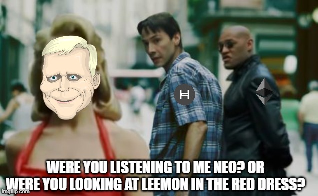 Woman in the red dress (matrix) | WERE YOU LISTENING TO ME NEO? OR WERE YOU LOOKING AT LEEMON IN THE RED DRESS? | image tagged in woman in the red dress matrix | made w/ Imgflip meme maker