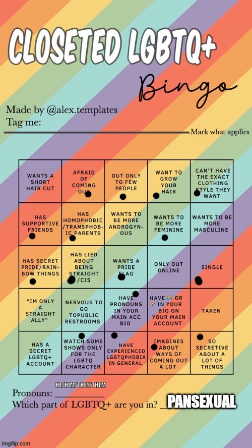 Closeted LGBTQ+ Bingo | HE/HIM/THEY/THEM; PANSEXUAL | image tagged in closeted lgbtq bingo | made w/ Imgflip meme maker