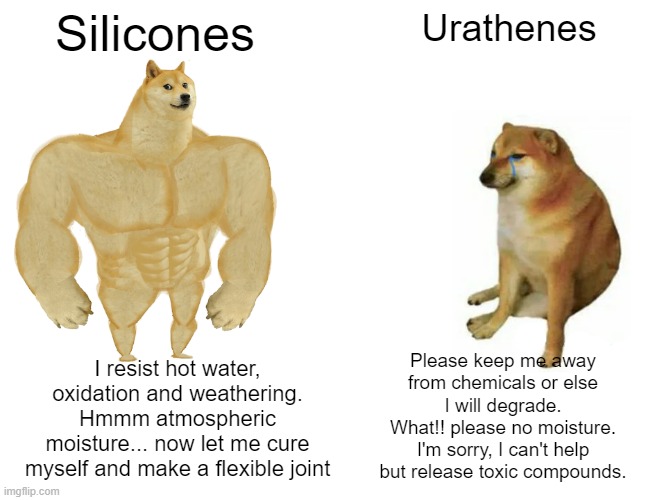 Buff Doge vs. Cheems Meme | Silicones; Urathenes; Please keep me away from chemicals or else I will degrade.
What!! please no moisture.
I'm sorry, I can't help but release toxic compounds. I resist hot water, oxidation and weathering.
Hmmm atmospheric moisture... now let me cure myself and make a flexible joint | image tagged in memes,buff doge vs cheems | made w/ Imgflip meme maker