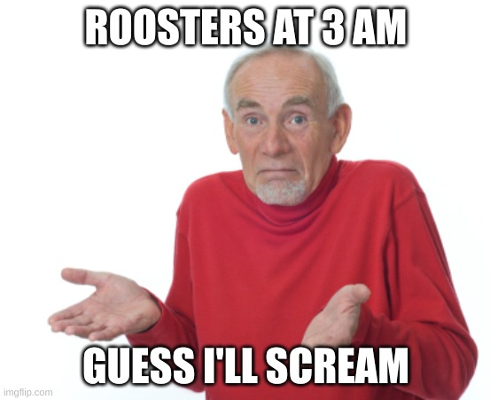 Guess I'll die  |  ROOSTERS AT 3 AM; GUESS I'LL SCREAM | image tagged in guess i'll die | made w/ Imgflip meme maker