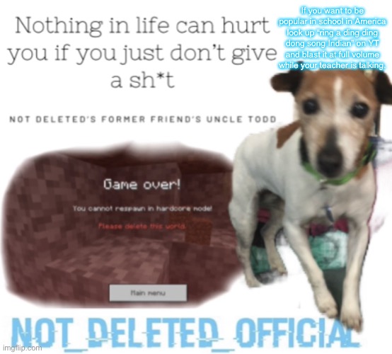 This is directed toward nero | If you want to be popular in school in America look up “ring a ding ding dong song Indian” on YT and blast it at full volume while your teacher is talking. | image tagged in not-deleted_official s announcement template | made w/ Imgflip meme maker