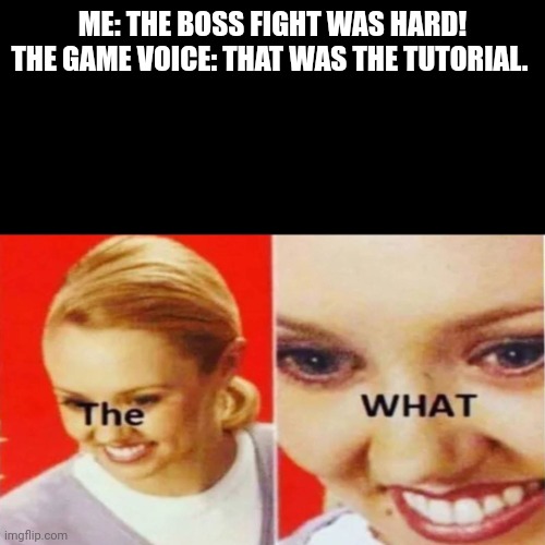 The what gaming | ME: THE BOSS FIGHT WAS HARD! THE GAME VOICE: THAT WAS THE TUTORIAL. | image tagged in gaming,the what,why do i hear boss music,tutorial,meme,funny memes | made w/ Imgflip meme maker