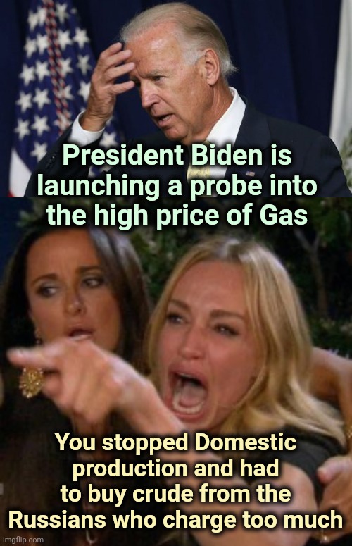 Truth is way stranger than fiction |  President Biden is
launching a probe into
the high price of Gas; You stopped Domestic production and had to buy crude from the Russians who charge too much | image tagged in joe biden worries,yelling blonde,unbelievable,idiot,creepy uncle joe,politicians suck | made w/ Imgflip meme maker