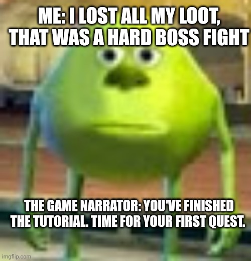 The tutorial | ME: I LOST ALL MY LOOT, THAT WAS A HARD BOSS FIGHT; THE GAME NARRATOR: YOU'VE FINISHED THE TUTORIAL. TIME FOR YOUR FIRST QUEST. | image tagged in gaming,sully wazowski,video games,tutorial,hard,why do i hear boss music | made w/ Imgflip meme maker