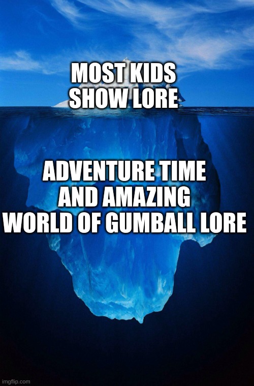the show lore equivalent of fnaf |  MOST KIDS SHOW LORE; ADVENTURE TIME AND AMAZING WORLD OF GUMBALL LORE | image tagged in iceberg,adventure time,the amazing world of gumball,cartoon network | made w/ Imgflip meme maker