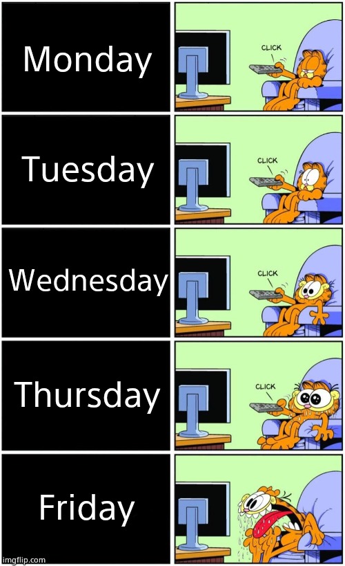 Garfield reaction | Monday; Tuesday; Wednesday; Thursday; Friday | image tagged in garfield reaction | made w/ Imgflip meme maker