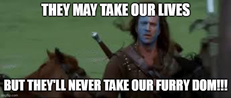 THEY MAY TAKE OUR LIVES; BUT THEY'LL NEVER TAKE OUR FURRY DOM!!! | image tagged in braveheart,furries,furry | made w/ Imgflip meme maker