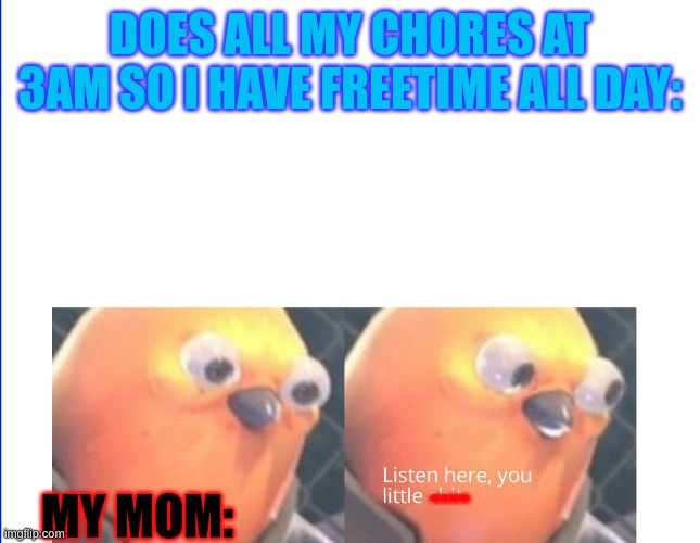 Listen here you little shit | DOES ALL MY CHORES AT 3AM SO I HAVE FREETIME ALL DAY:; MY MOM:; ---- | image tagged in listen here you little shit | made w/ Imgflip meme maker