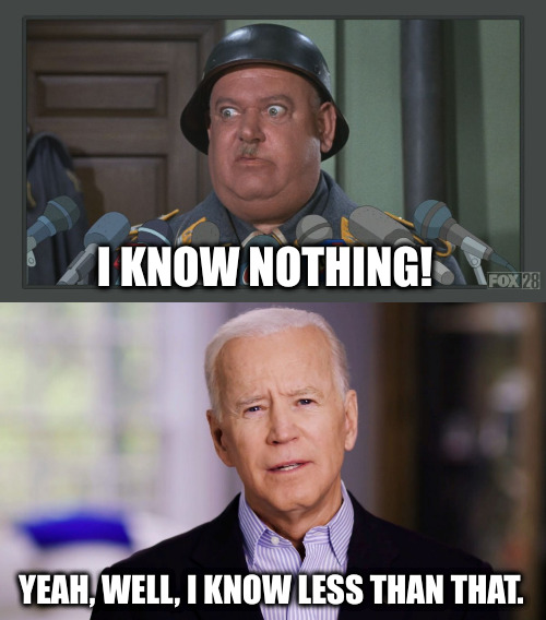 I know nothing | I KNOW NOTHING! YEAH, WELL, I KNOW LESS THAN THAT. | image tagged in matty sgt schultz,joe biden 2020 | made w/ Imgflip meme maker