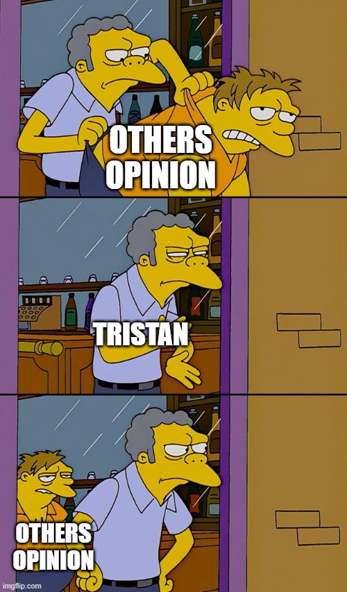 Moe throws Barney | OTHERS OPINION; TRISTAN; OTHERS OPINION | image tagged in moe throws barney | made w/ Imgflip meme maker
