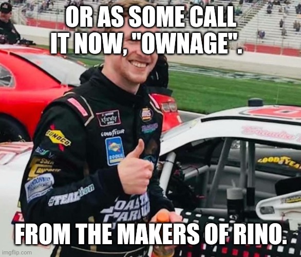 Brandon brown | OR AS SOME CALL IT NOW, "OWNAGE". FROM THE MAKERS OF RINO. | image tagged in brandon brown | made w/ Imgflip meme maker