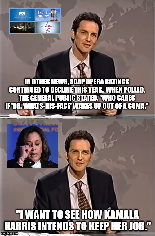 WEEKEND UPDATE WITH NORM | IN OTHER NEWS, SOAP OPERA RATINGS CONTINUED TO DECLINE THIS YEAR.  WHEN POLLED, THE GENERAL PUBLIC STATED, "WHO CARES IF 'DR. WHATS-HIS-FACE' WAKES UP OUT OF A COMA,"; "I WANT TO SEE HOW KAMALA HARRIS INTENDS TO KEEP HER JOB." | image tagged in political meme,incompetent vice president,woke politics don't work,kamala harris,joe biden,political failures | made w/ Imgflip meme maker