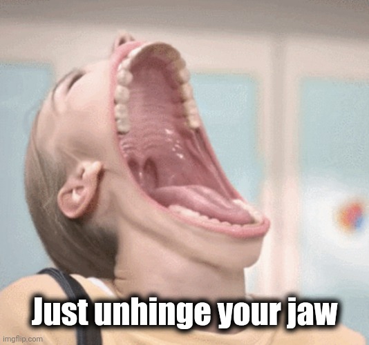 Laughing Girl | Just unhinge your jaw | image tagged in laughing girl | made w/ Imgflip meme maker