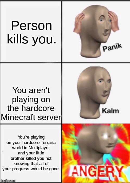 Oh no | Person kills you. You aren't playing on the hardcore Minecraft server; You're playing on your hardcore Terraria world in Multiplayer and your little brother killed you not knowing that all of your progress would be gone. | image tagged in panik kalm angery | made w/ Imgflip meme maker
