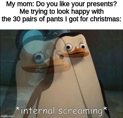 I feel sorry for people who have parents like this | My mom: Do you like your presents?
Me trying to look happy with the 30 pairs of pants I got for christmas: | image tagged in rico internal screaming,memes,christmas,pants,funny | made w/ Imgflip meme maker