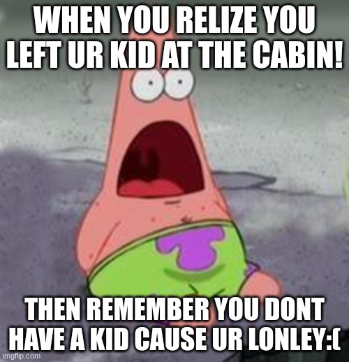when u leave ur kid at the cabin |  WHEN YOU RELIZE YOU LEFT UR KID AT THE CABIN! THEN REMEMBER YOU DONT HAVE A KID CAUSE UR LONLEY:( | image tagged in suprised patrick | made w/ Imgflip meme maker