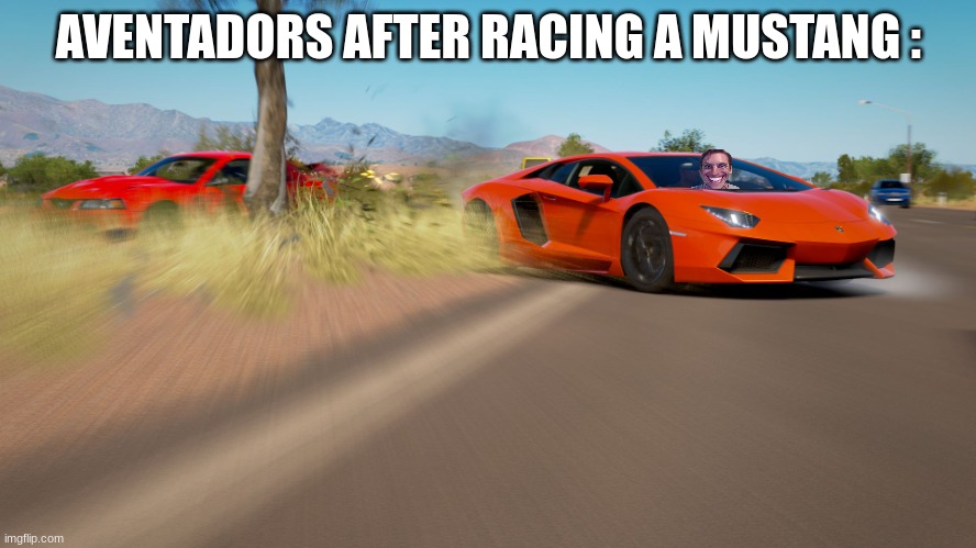 memes | AVENTADORS AFTER RACING A MUSTANG : | image tagged in forza horizon 3 - lamborghini aventador takes down mustang | made w/ Imgflip meme maker