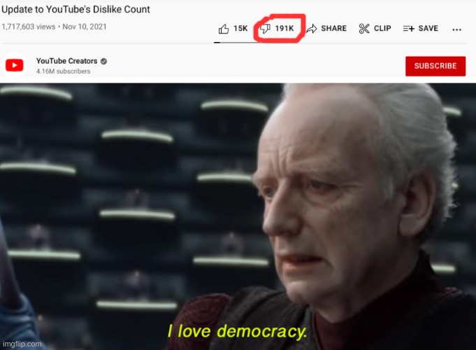 no wonder they want to remove the dislike button ._. | image tagged in youtube | made w/ Imgflip meme maker