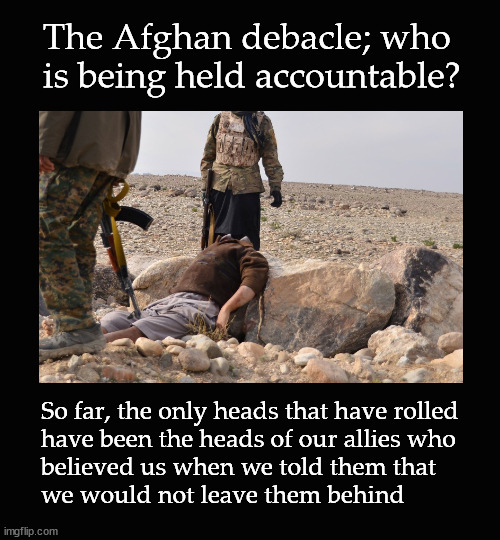 The Afghan debacle; who is being held accountable? | The Afghan debacle; who 
is being held accountable? So far, the only heads that have rolled
have been the heads of our allies who
believed us when we told them that 
we would not leave them behind | image tagged in afghan withdrawal,biden,taliban,beheadings | made w/ Imgflip meme maker