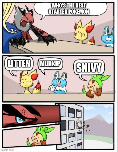 chespin i swear to god... |  WHO'S THE BEST STARTER POKEMON; LITTEN; MUDKIP; SNIVY | image tagged in pokemon board meeting | made w/ Imgflip meme maker