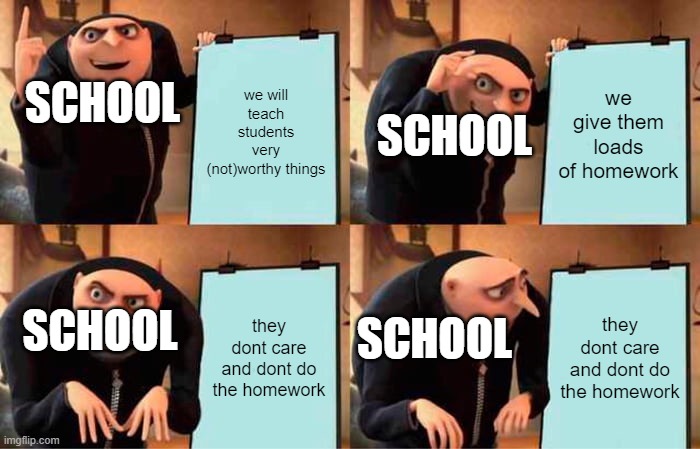 Gru's Plan | SCHOOL; we will teach students very (not)worthy things; we give them loads of homework; SCHOOL; they dont care and dont do the homework; they dont care and dont do the homework; SCHOOL; SCHOOL | image tagged in memes,gru's plan | made w/ Imgflip meme maker